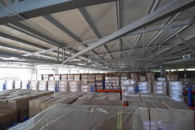 KYIV, UKRAINE - 27 Haziran 2022 Endüstri Deposu. Bir ticaret organizasyonunun deposu. Malzemeler ve malzemeler depoda bir rafa dizilmiş. Depo stoku - editoryal görüntü