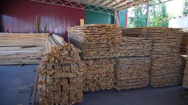 Wood Warehouse Sliced Wooden Boards Stored Trading Warehouse Goods Materials — Vídeos de Stock