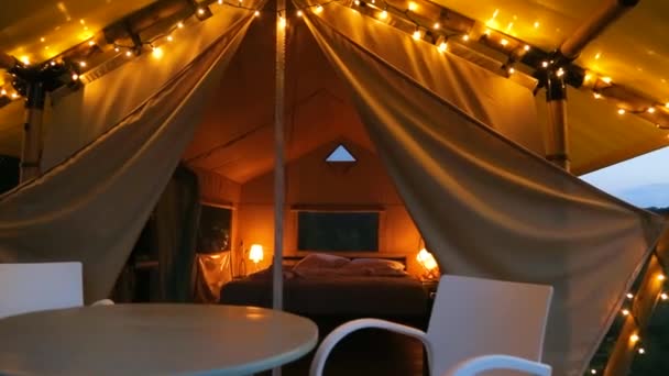 Glamping Terrace Evening Forest Cute Fabric Tents Evening Illumination Forest — Stock Video