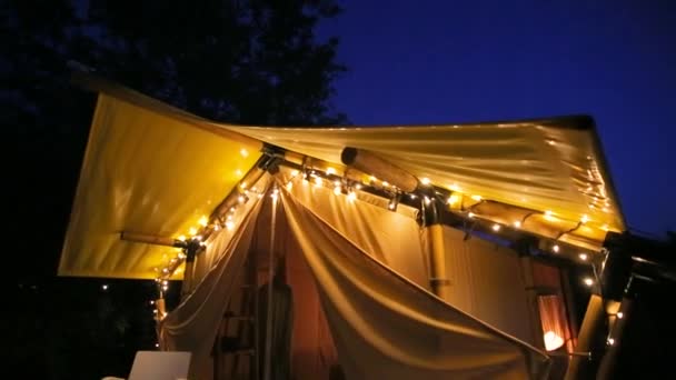 Glamping Terrace Evening Forest Cute Fabric Tents Evening Illumination Forest — Stock Video