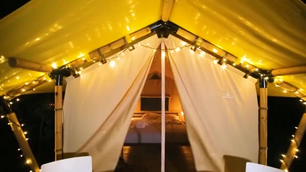 Glamping Terrace Evening Forest Cute Fabric Tents Evening Illumination Forest — Video Stock