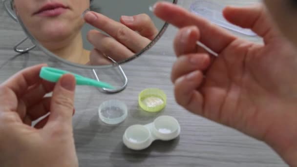 Woman Puts Contact Lenses Contact Lenses Vision Correction Contact Lenses — Stock Video