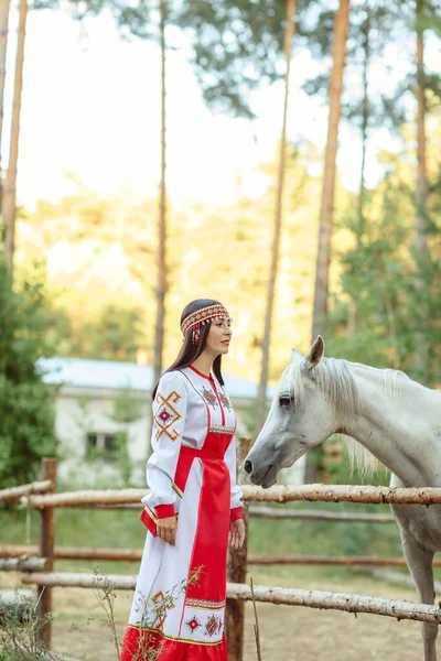 Девочка Сосновом Лесу Фоне Лошадей — стоковое фото