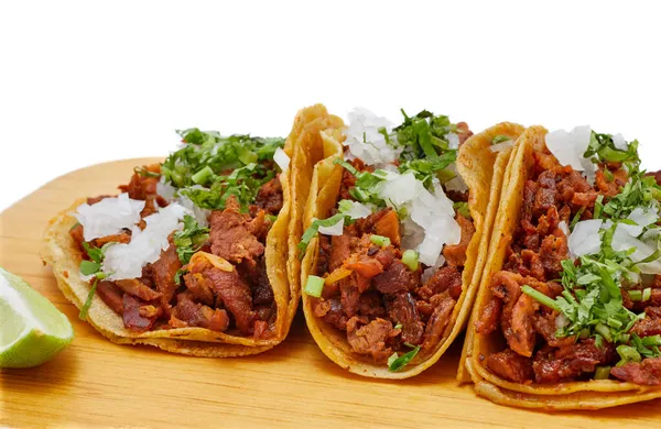 Tacos Pastor Comida Tradicional Mexicana Con Cebolla Cilantro Piña Salsa —  Fotos de Stock