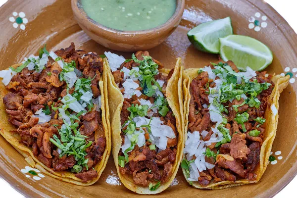 Tacos Pastor Comida Tradicional Mexicana Con Cebolla Cilantro Piña Salsa —  Fotos de Stock