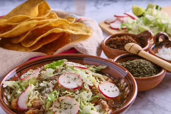 Pozole Rojo Sopa Maíz Mexicano Comida Tradicional México Hecha Con —  Fotos de Stock