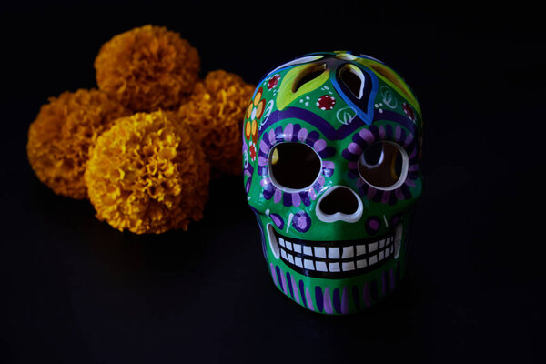 Skull decorated with flowers and various colors for the celebration of the Day of the Dead in Mexico.