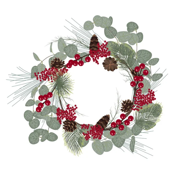 Dallardan, konilerden, çam ağaçlarından, çiçek yapraklarından ve böğürtlenlerden yapılmış bir Noel çelengi. Çizim vektör biçiminde, düzenlenebilir. Bir simge, kartpostal, işaret ve birçok tasarım türü için kullanılabilir.