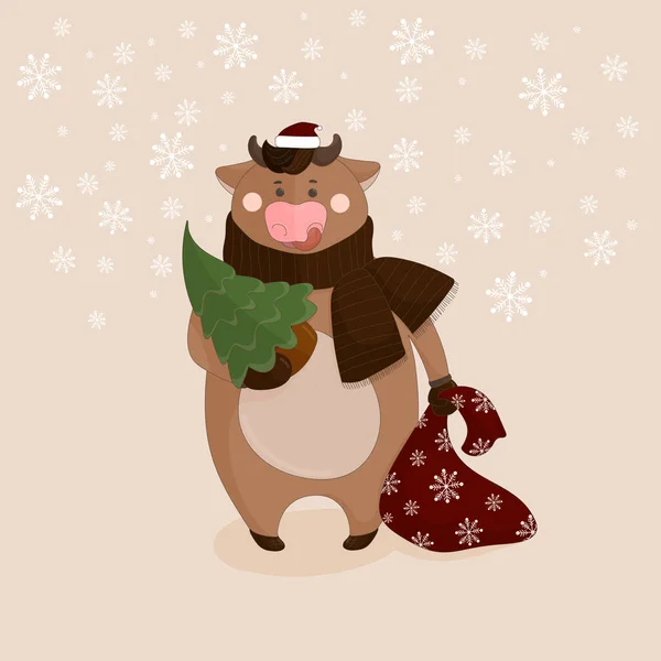  Noel şapkası takan, elinde Noel ağacı tutan ve arka planda Noel Baba 'nın kar taneleri olan bir boğa tasviri.