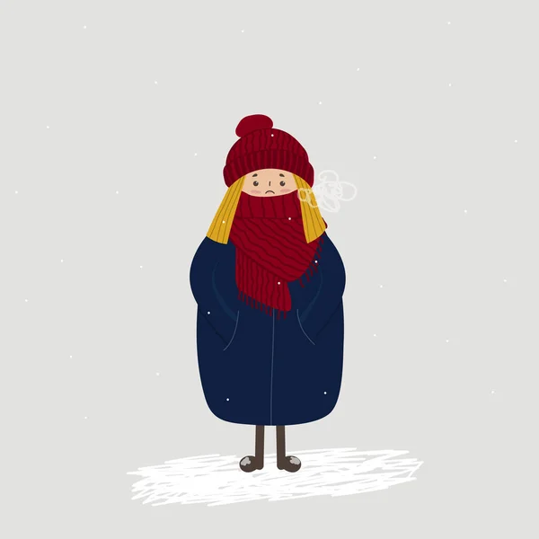 Blond Haired Girl Standing Winter She Wearing Knitted Hat Scarf — Stock Vector