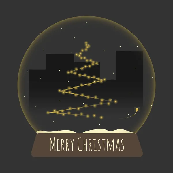 Kar küresindeki yılbaşı ışıklarından yapılmış ve altında bir tebrik mesajı olan bir Noel ağacının vektör çizimi. İllüstrasyon koyu renklerde yapılır, dijital ortama iyi gelir ve bizi yazdırır.