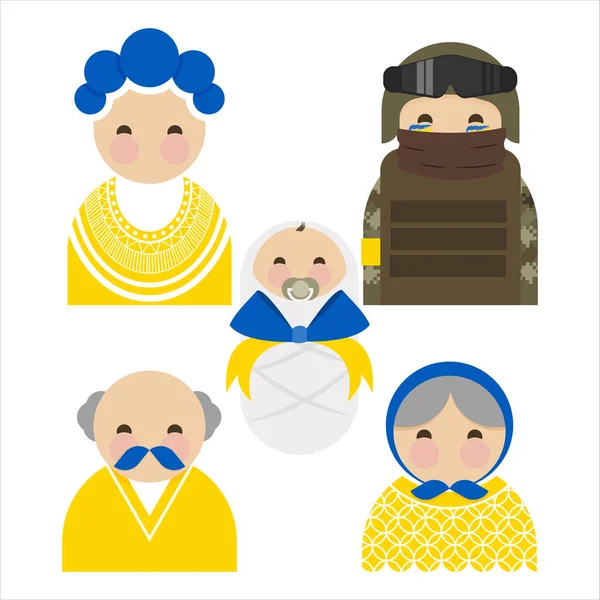 Bir dizi Ukrayna halk ikonu. Ukraynalı aile: anne, baba, çocuk, büyükanne, büyükbaba. Ukrayna bayrağının renkleriyle