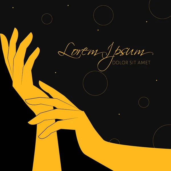A vector illustration of woman hands and a text on a black background. Can be used in beauty industry as an invitation card, discount card, greeting card
