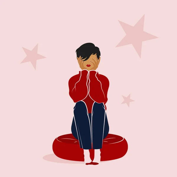 An illustration of a young woman sitting on a pillow. The woman has short hair and wearing a red sweater, dark blue jeans and light socks. Lady has her hands on face