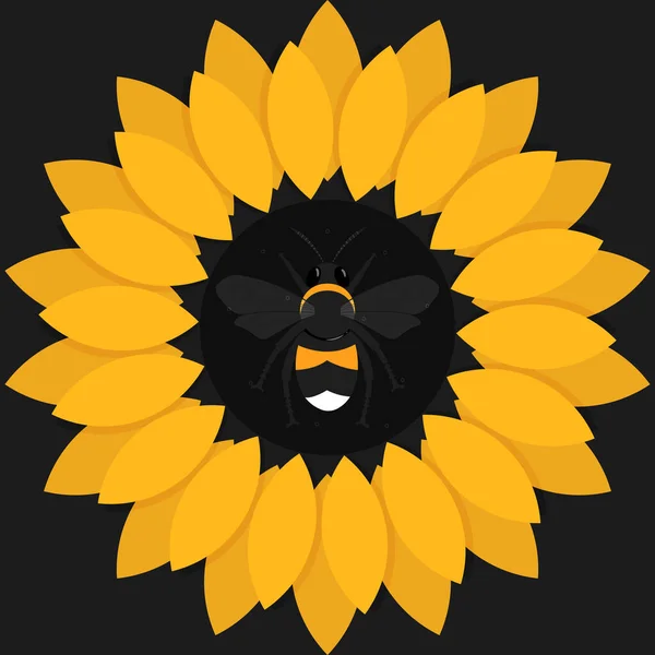 A vector illustration of a bee sitting on a sunflower on a black background