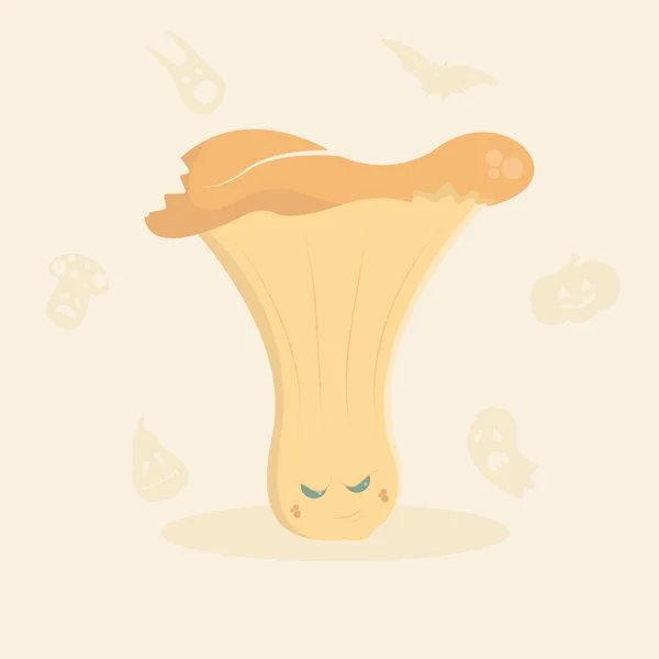 Chanterelle mantarının serbest çizim vektörü. Ekim 'de kutlanan Cadılar Bayramı kutlamalarına adanmıştır. Üzerinde hayaletler, yarasalar ve balkabağı feneri olan, ışık arka planda ürkütücü mantarlar..