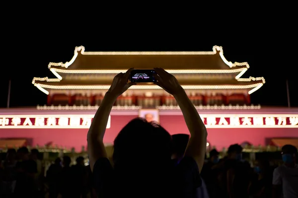 Viajar Fotografar Praça Tiananmen Pequim Vista Noturna Marcos Pequim China — Fotografia de Stock