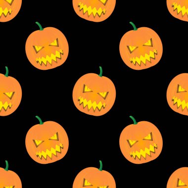 Kusursuz desenli turuncu balkabağı vektör tasarımı hayalet yüz karakteri. Siyah arka plan. Cadılar Bayramı 'nı kutlamak için duvar kağıdı tasarımı.