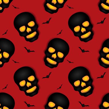 Siyah yarasa ve kafatası kafa vektör grafik tasarımı. kırmızı arka plan. Duvar kağıdı, arkaplan, kapak ve tasarım ihtiyaçlarınız için kusursuz desen tasarımı.