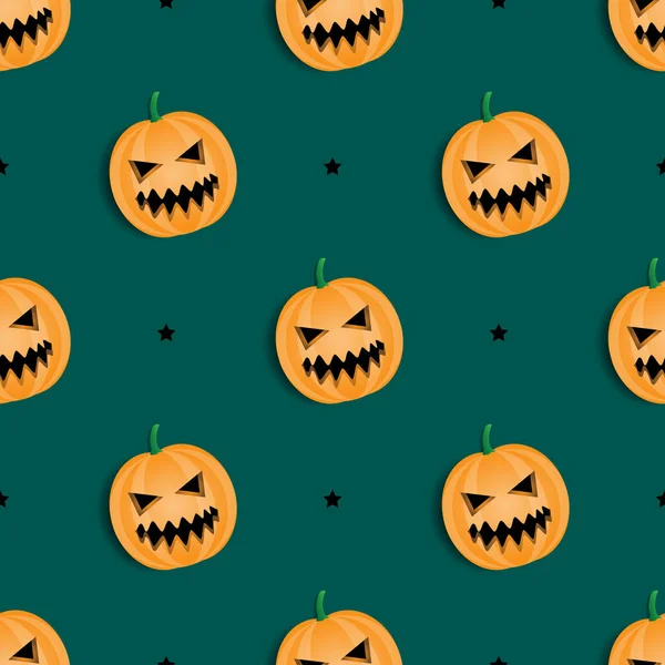 Seamless Pattern Orange Pumpkin Vector Design Ghost Face Character Green —  Vetores de Stock