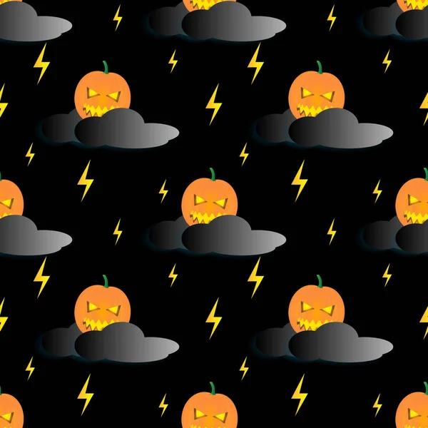 Pumpkin Character Vector Graphic Design Black Clouds Black Background Seamless —  Vetores de Stock