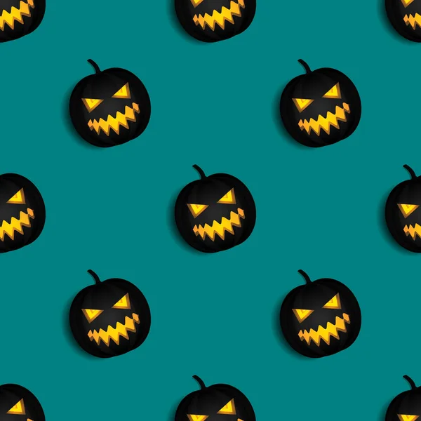 Seamless Pattern Black Pumpkin Vector Design Ghost Face Character Green —  Vetores de Stock