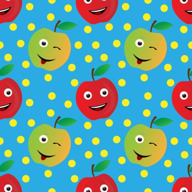 Çizgi film karakterli elma meyvesi tasarımı. Mavi arka plan. Duvar kağıdı, arkaplan, kapak, baskı tasarımı ve tasarım ihtiyaçlarınız için kusursuz desen tasarımı.