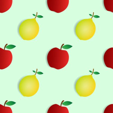 Kusursuz desenli kırmızı elma ve sarı limon meyve vektör tasarımı. Beyaz arka plan. Duvar kağıdı, arkaplan, kapak, baskı tasarımı ve tasarım ihtiyaçlarınız için tasarım.