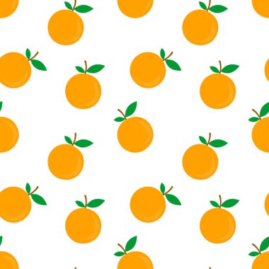 Turuncu meyve ve yeşil yaprak tasarımının kusursuz desenli temsili. Sarı arka plan. Duvar kağıdı, arkaplan ve kumaş üzerine baskı için tasarım. modern şablonlar