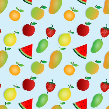Karpuz, çilek, portakal, mango ve elmanın vektör tasarımı. Mavi arka plan. Duvar kağıdı, arkaplan, kapak, baskı tasarımı ve tasarım ihtiyaçlarınız için kusursuz desen tasarımı.