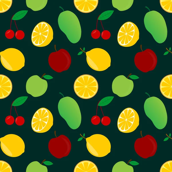 Vector Design Cherry Strawberry Lemon Orange Mango Apple Dark Background — 图库矢量图片