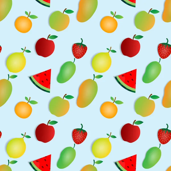 Vector Design Watermelon Strawberry Orange Mango Apple Blue Background Seamless — Stock Vector