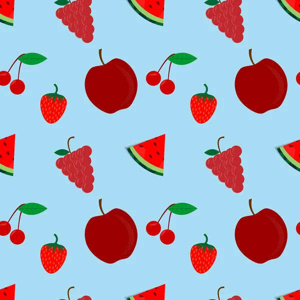 Watermelon Strawberry Cherry Apple Vector Design Red Texture Blue Background — 图库矢量图片