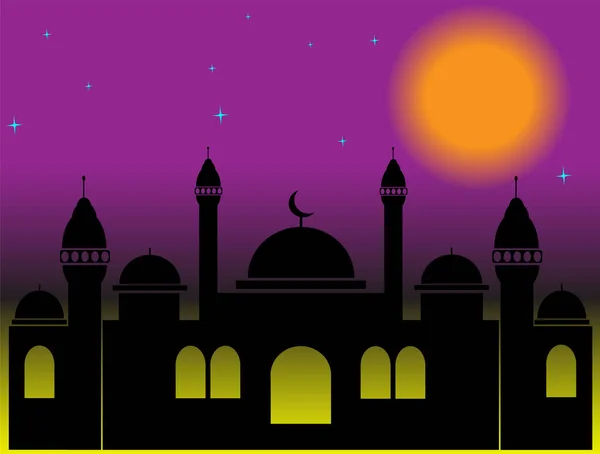 Ilustrasi Datar Desain Masjid Dengan Cahaya Bulan Yang Indah - Stok Vektor