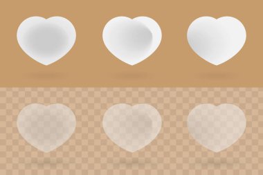 Aşk ikonu koleksiyonu. Beyaz desenli ve cam şekilli. kahverengi arka plan. şeffaf, buzlu ve parlak cam konsepti.