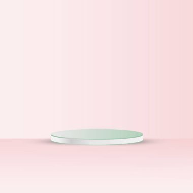 Pembe arka planda 3D podyum vektör tasarımı. Geometrik daire yeşil podyum dokusunu şekillendirir. Ürün gösterileri ve reklam modelleri için. modern şablonlar