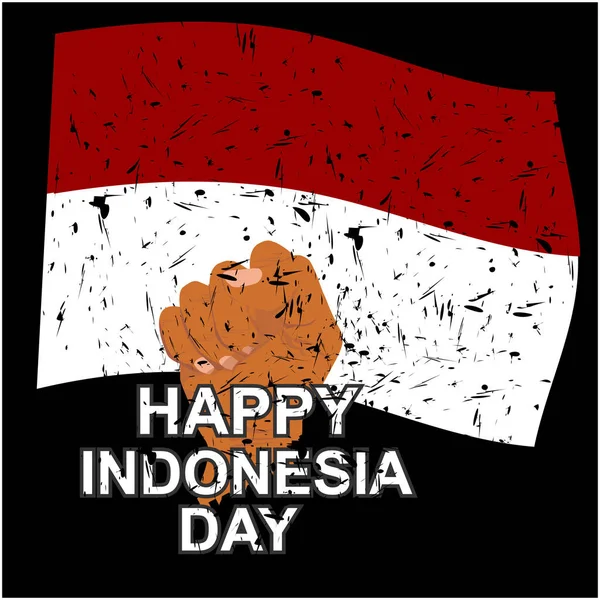 矢量设计的问候快乐印度尼西亚日与手举着印度尼西亚国旗 带有怨恨效果的黑色背景 — 图库矢量图片