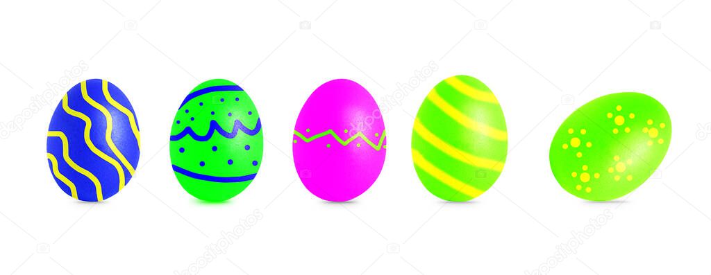 Set colorful easter eggs isolated on white background. Banner with colored easter eggs.