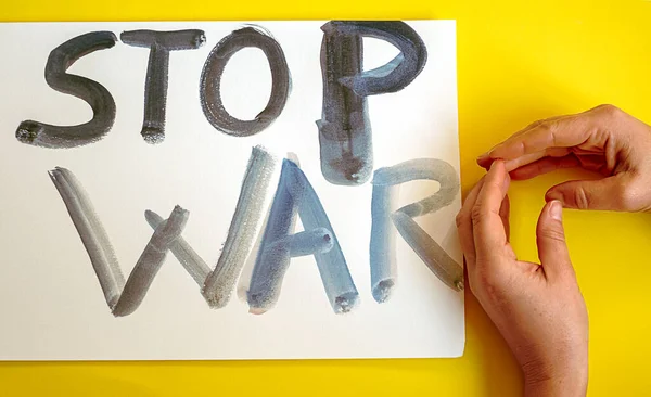 Inscription Stop War Written Blue Letters Yellow Background Concept — Stock Photo, Image