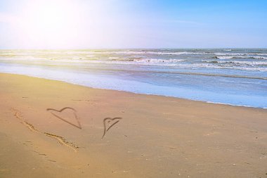 Güneşli bir günde güzel tropik plaj ve denizin doğa manzarası. Seyahat kavramı