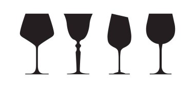Çeşitli şarap kadehlerinin vektör siluetleri. Siyah yalıtılmış şarap kadehleri koleksiyonu.