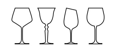 Çeşitli şarap kadehlerinin vektör siluetleri. Siyah yalıtılmış şarap kadehleri koleksiyonu.