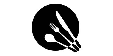 Çatal bıçak takımının siyah simgesinin vektörü. Tabak, çatal, bıçak, kaşık.