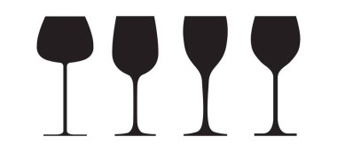 Temel kırmızı, beyaz ve köpüklü şarap gözlük siluet vektör kümesi. Siyah izole kadehinin koleksiyonu.