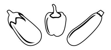 Taze sebzeler. biber, patlıcan ve kabak düz bir tarzda. Beyaz arkaplanda izole edilmiş vektör illüstrasyonu