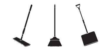 A set of cleaning tools. Floor mops, snow shovel, broom. Household items for cleaning. Vector illustration isolated on a white background