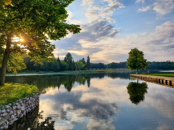  Güzel manzara, gölün suyunda ağaçların ve gökyüzünün yansıması, yaz günü doğa, huzur. 