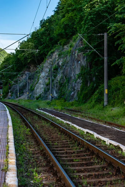Romanya 'nın Herculane istasyonundan gelen demiryolu raylarının fotoğrafı, yeşil kayalıkların yanındaki kabloları ve kırmızı trafik ışığını gösteriyor.