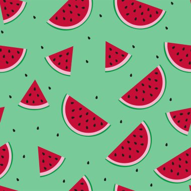 Siyah çekirdekli vektör yeşil karpuz. Kusursuz karpuzlar. Vektör arkaplan ve vektör karpuz dilimleri. Karpuzlu, pürüzsüz vektör deseni..