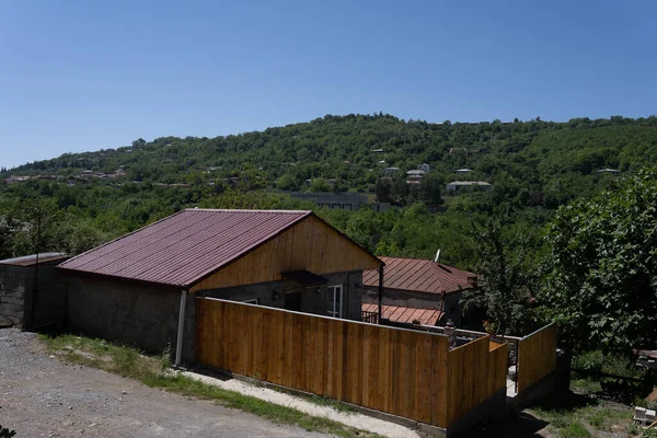 Wooden Building Made Light Boards Red Roof Beautiful Wooden Fence — Stock Photo, Image